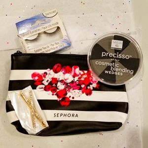 Sephora makeup bag, lashes, blending wedges and rhinestone X hair barrette